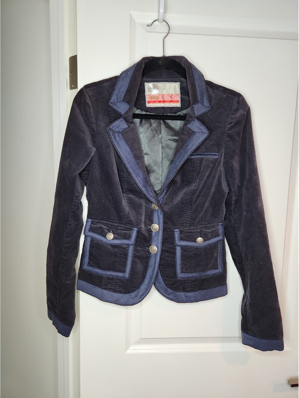 Free People Blazer Womans 8 M Blue Indigo Cord Velvet Cotton Jacket Mixed Media